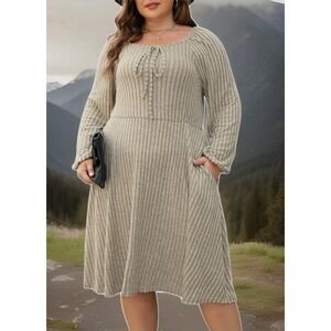 Khaki Ribbed Sweater Dress Long Sleeve Swing Fit W/Pockets SZ: 24 (3X) NWT